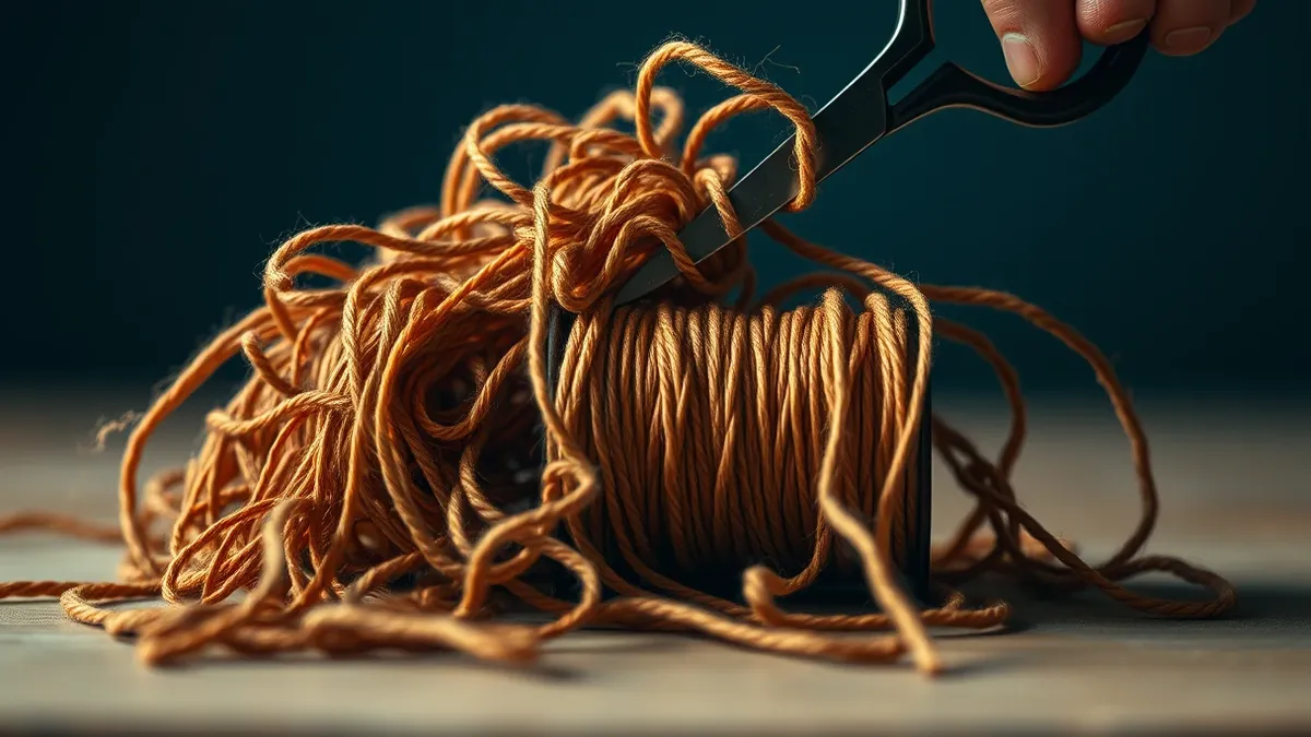 Illustration: A tangled mass of chaotic yarn unravels from a small, neat spool.