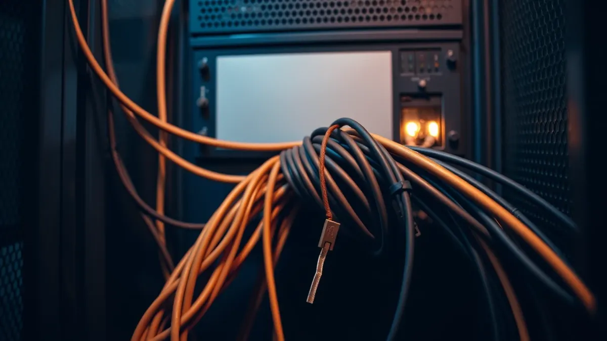 Illustration: A tangled knot of thick cables connects to a blank server panel, with a single loose wire dangling loosely near an open access port, illustrating how overlooked servi
