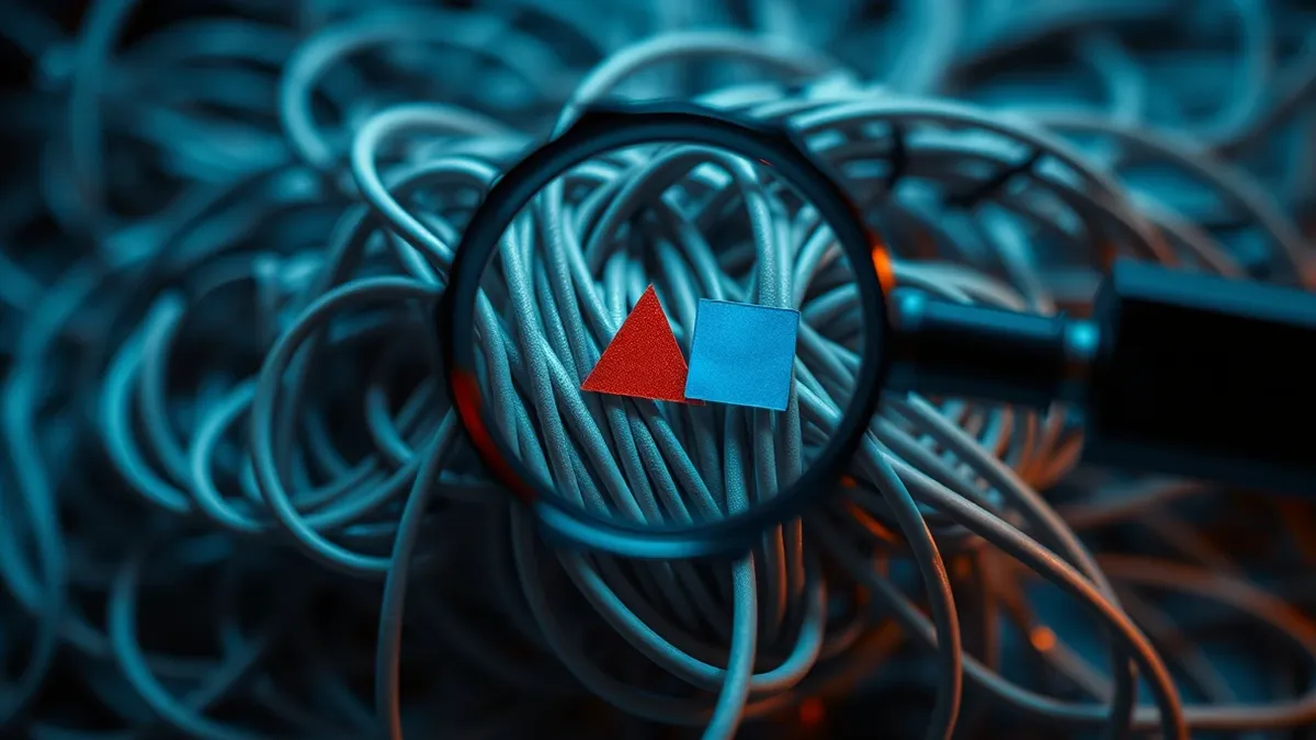 Illustration: A magnifying glass hovers over a tangled knot of gray wires, revealing distinct geometric shapes woven inside.