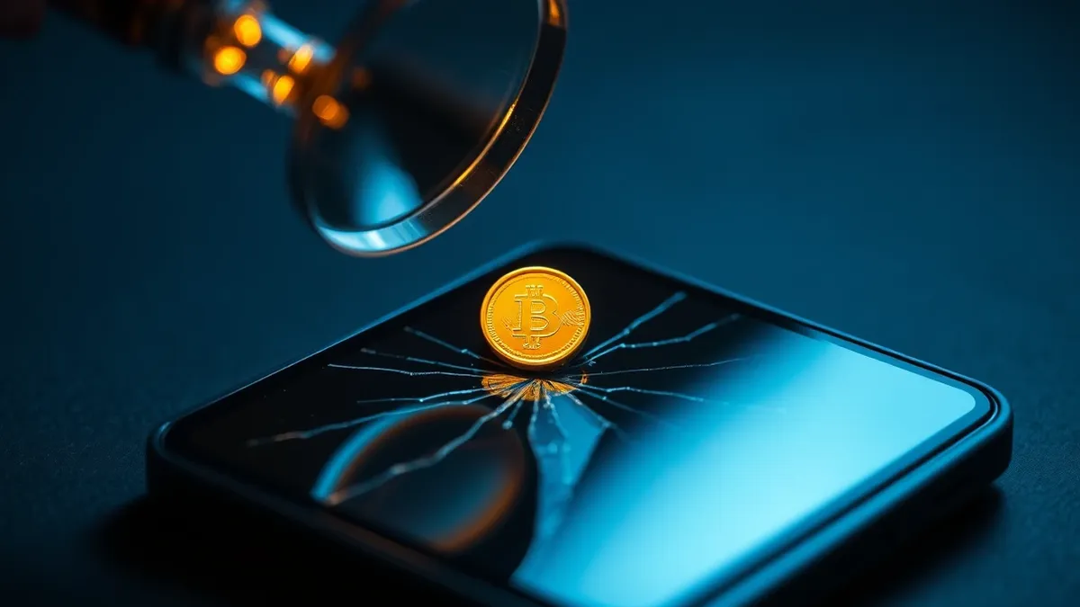 Illustration: A glowing magnifying glass hovers over a cracked smartphone screen, lifting a tiny digital fragment from the fracture.
