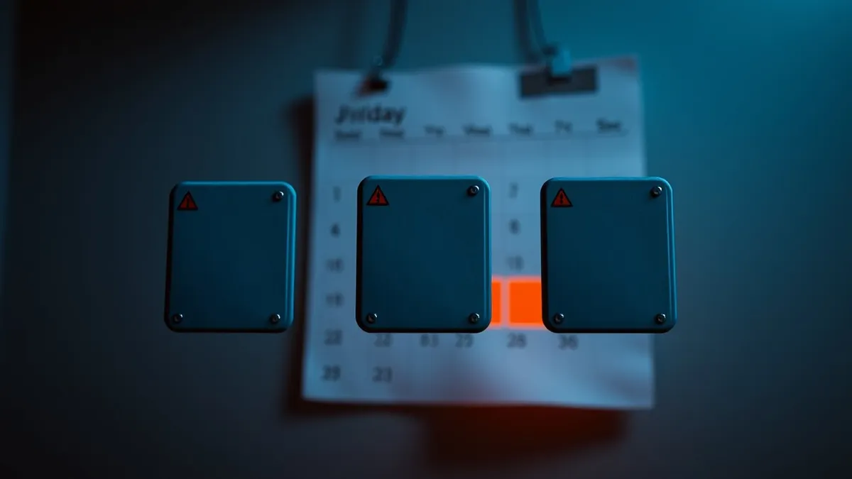 Illustration: Five blank, rectangular software update patches float in mid-air, each marked with a simple red warning triangle.