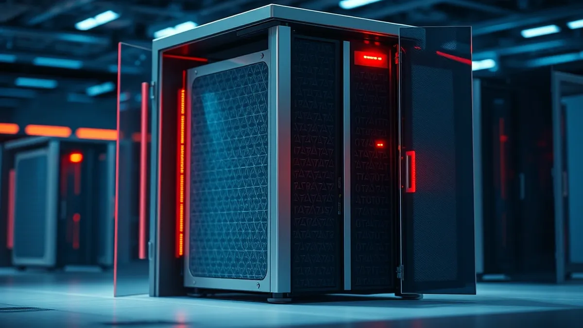 Illustration: A sleek silver server sits inside a glass enclosure, its surface covered in intricate geometric patterns representing encrypted data.