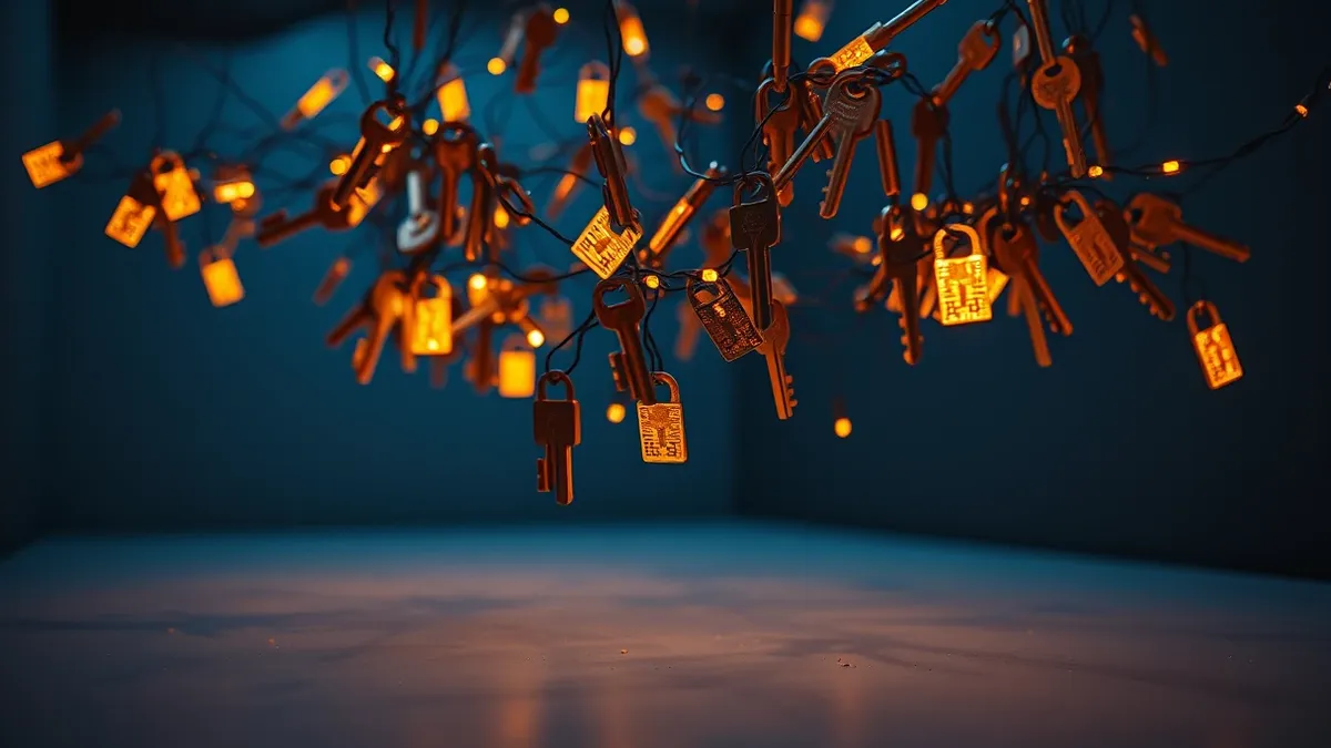 Illustration: A tangled web of glowing, interconnected keys drifts through empty digital space, bypassing a solid perimeter wall.