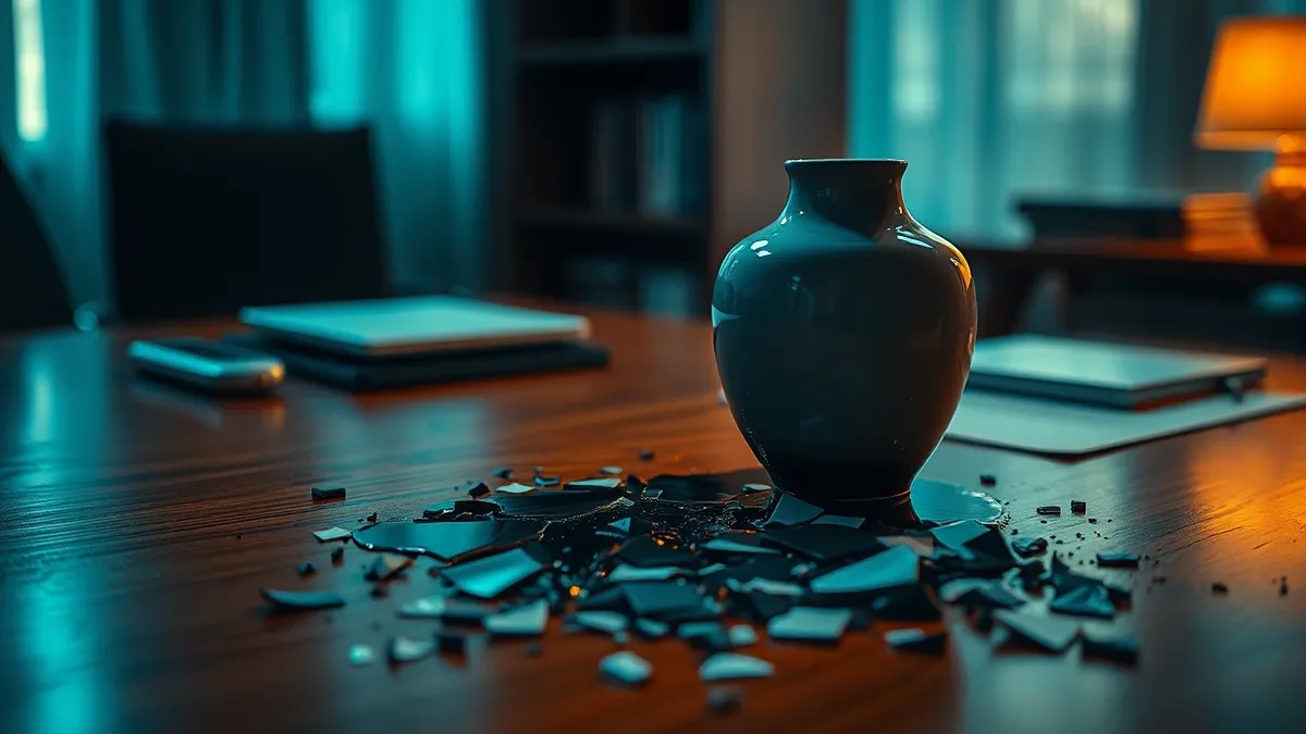 Illustration: A cracked ceramic vase sits on a polished wooden desk, dark liquid pooling and spreading across the surface.