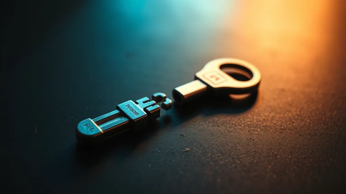 Illustration: A digital key lies broken on a dark surface, its metallic teeth snapped and useless.