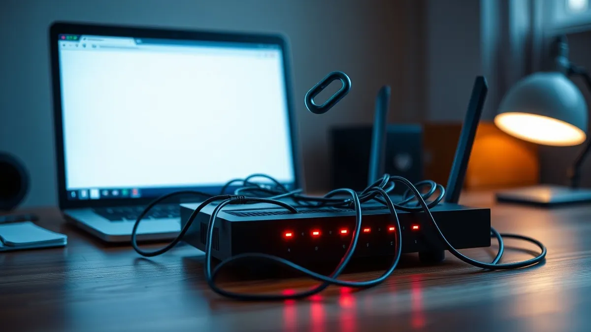 Illustration: A wooden desk holds a sleek black router with tangled ethernet cables.