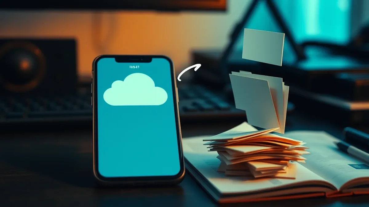 Illustration: A smartphone sits on a desk next to a cloud icon, with an arrow pointing from the phone’s blank screen to the cloud, then to an open folder icon where papers spill ou
