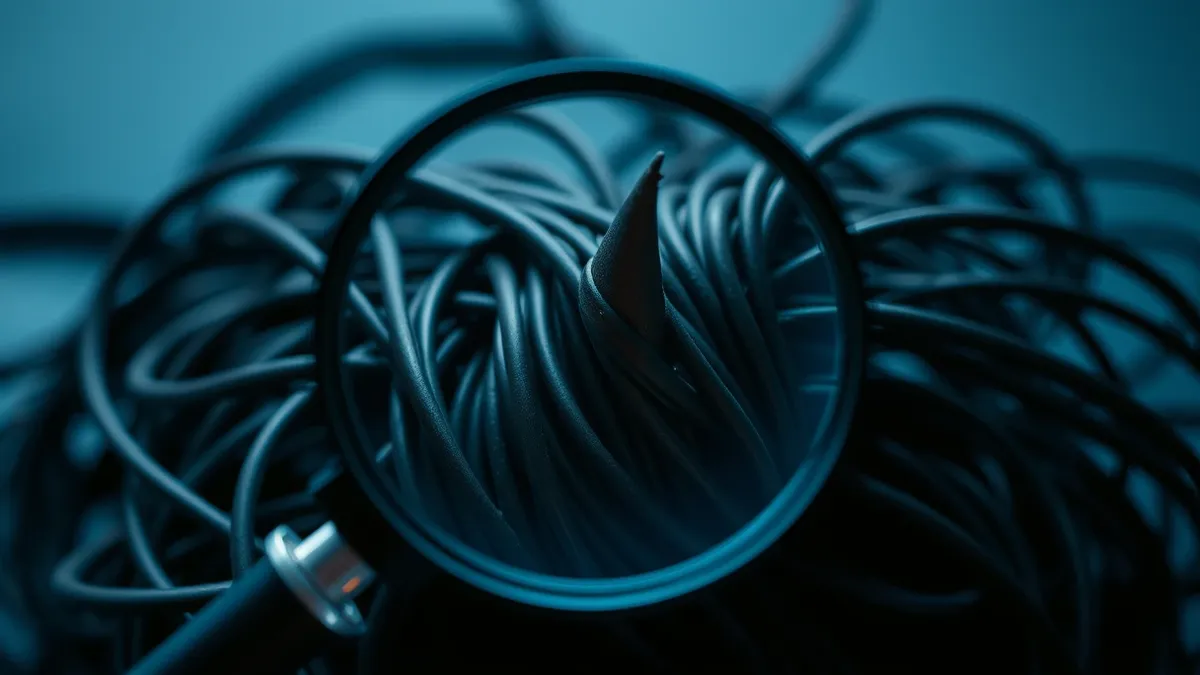 Illustration: A magnifying glass hovers over a tangled knot of dark, jagged wires.
