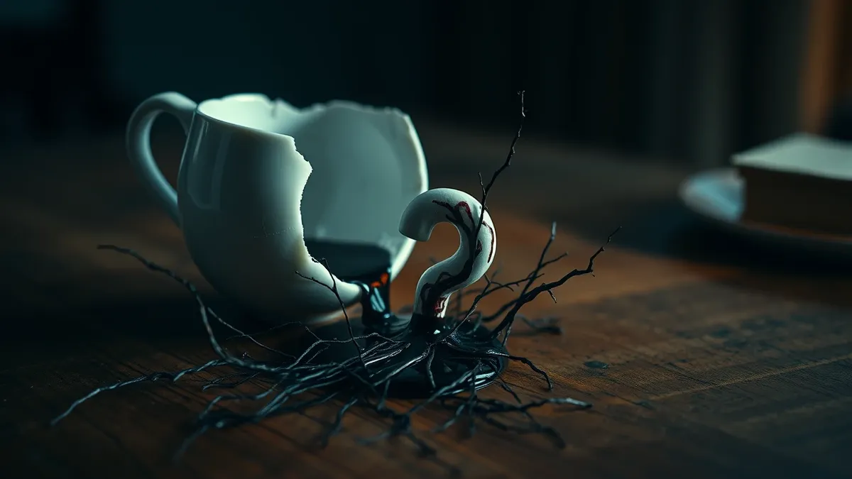 Illustration: A cracked porcelain teacup sits on a wooden table, spilling dark liquid into a tangled web of thin, jagged threads.