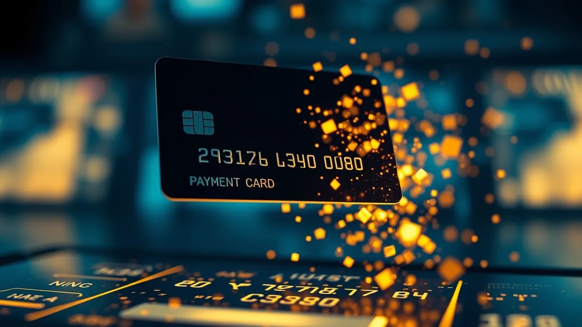 Illustration: A physical payment card floats above a glowing digital interface.