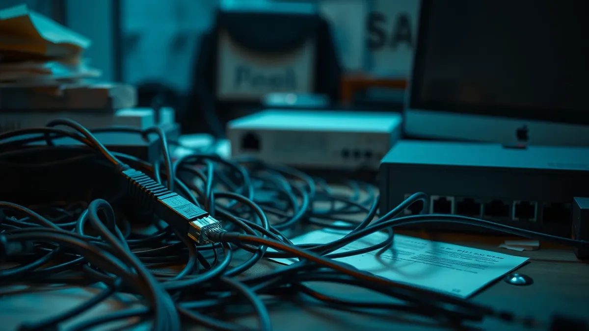 Illustration: A tangled mess of ethernet cables connects several generic network switches on a cluttered desk.