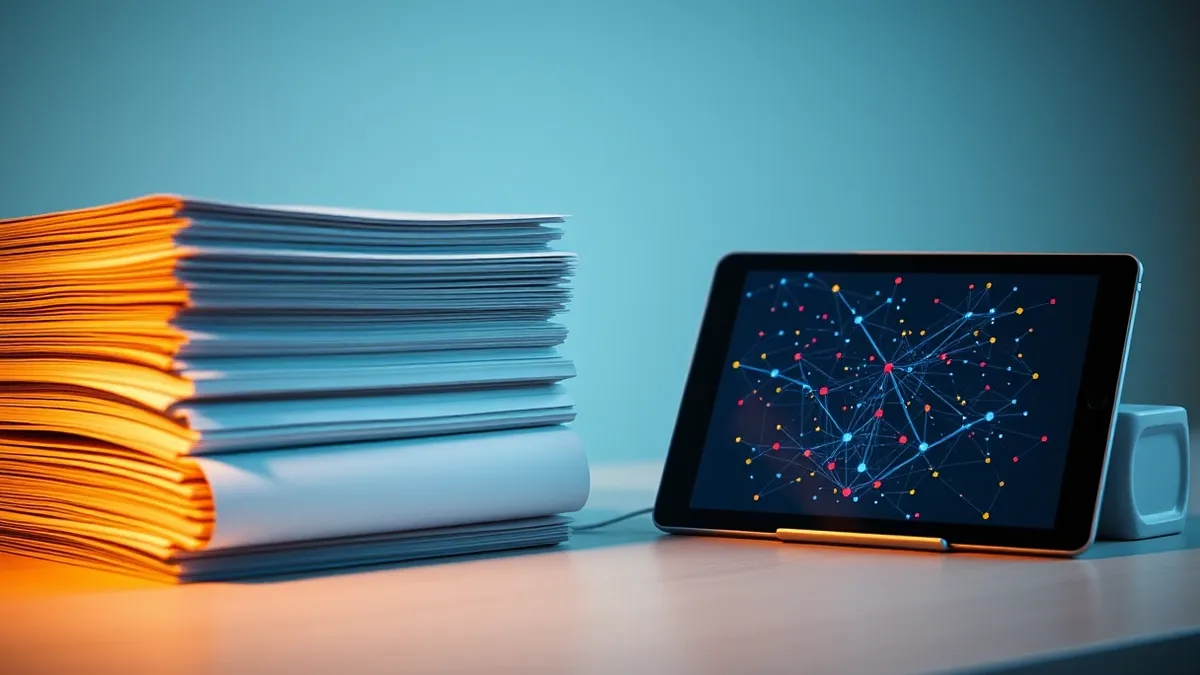 Illustration: A thick stack of blank, unbound paper sheets sits on the left side of a clean desk, representing raw data.