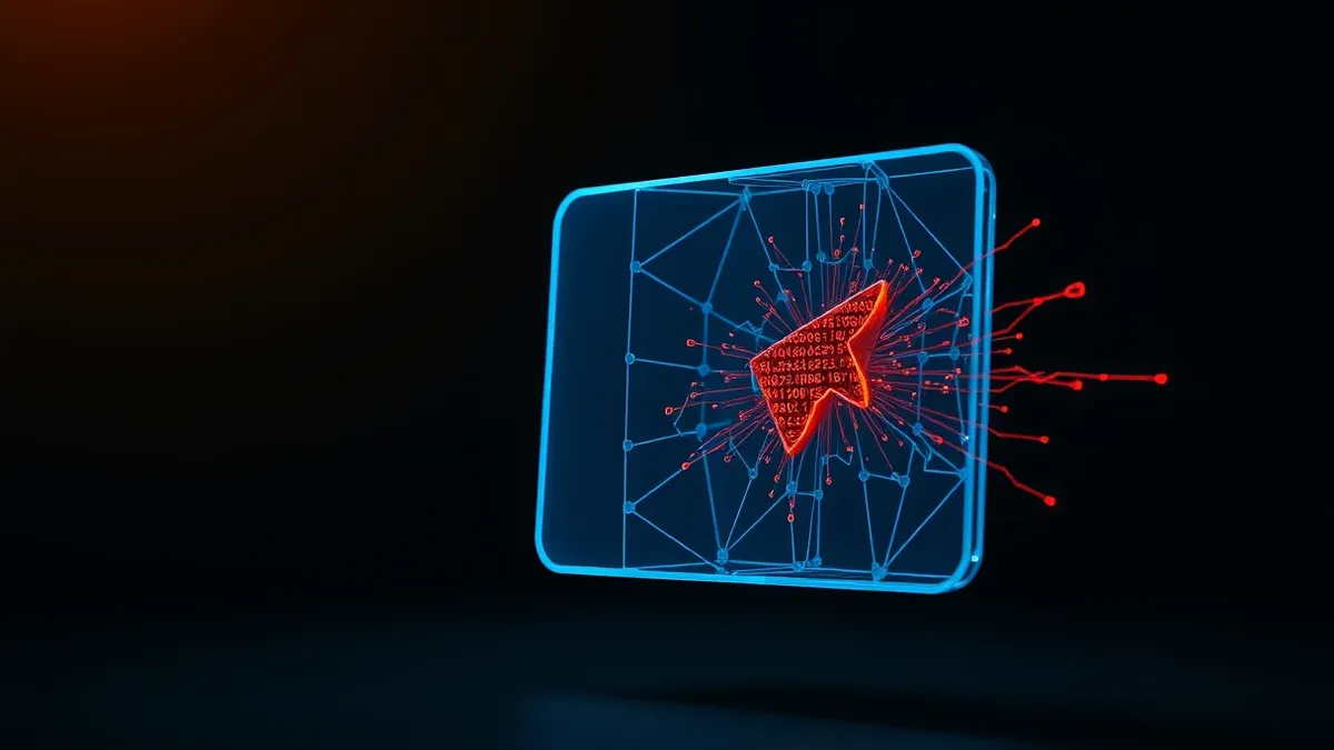 Illustration: A translucent blue wireframe of a running application hovers in darkness, its internal structure cracked open to reveal a jagged red shard of foreign code embedded wi