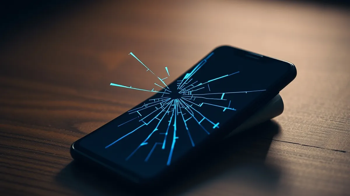 Illustration: A cracked smartphone screen displays abstract blue glitch shapes against a dark background.
