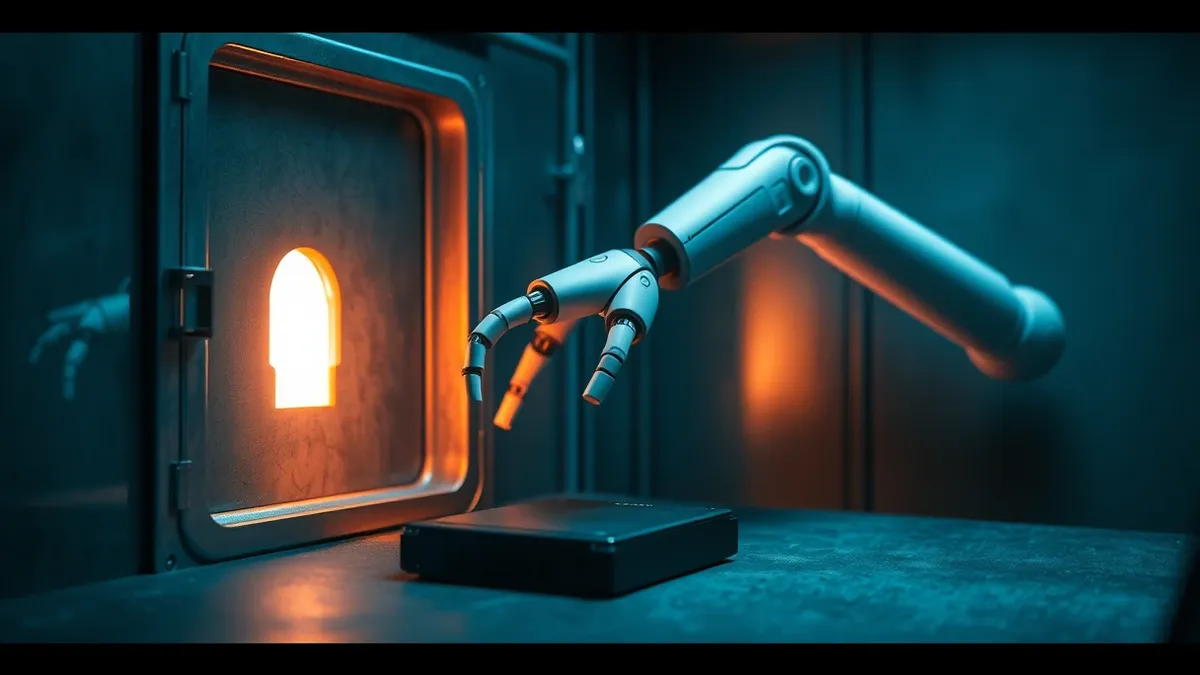 Illustration: A sleek white robotic arm extends from a sealed metal container, reaching through a tiny crack in the wall.