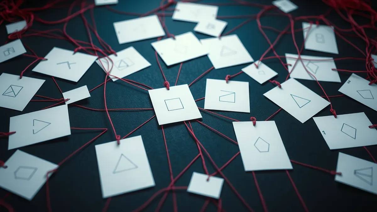Illustration: A chaotic tangle of red strings connects blank white index cards on a dark board.