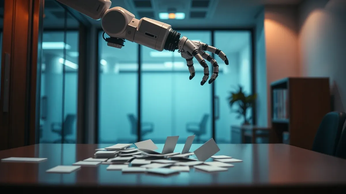 Illustration: A sleek automated robot arm extends over a small office window, gently collecting scattered business cards from a public reception desk.