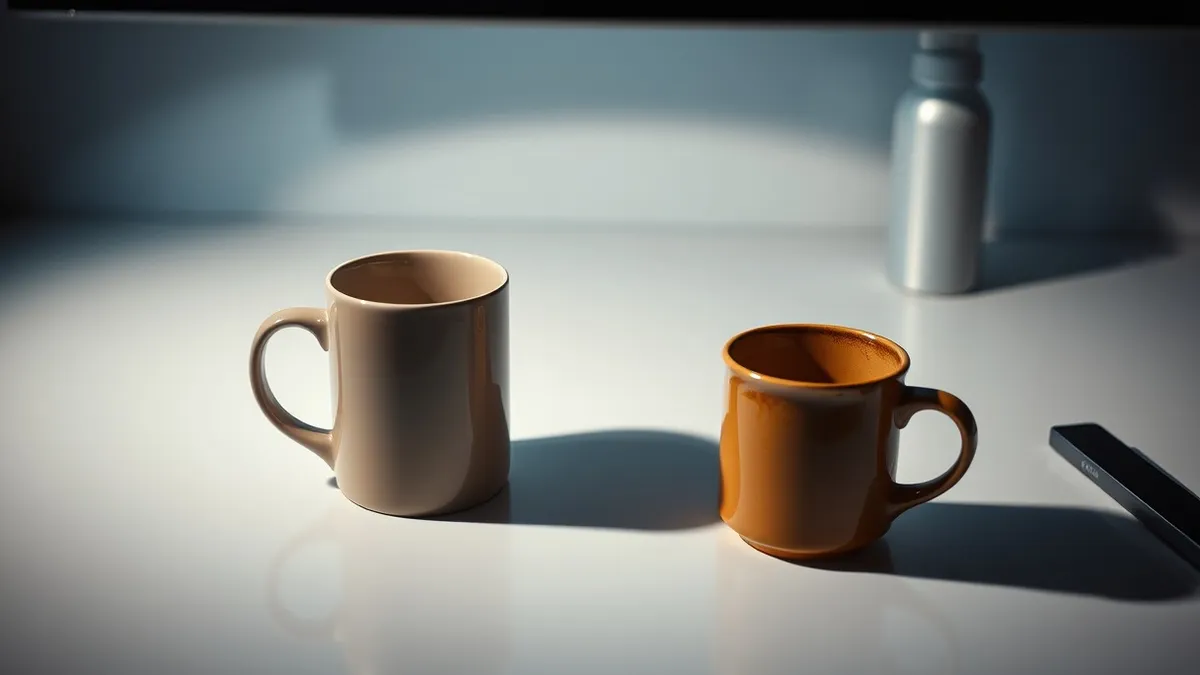 Illustration: A sleek, polished ceramic coffee mug sits on a clean white desk, casting a sharp shadow.