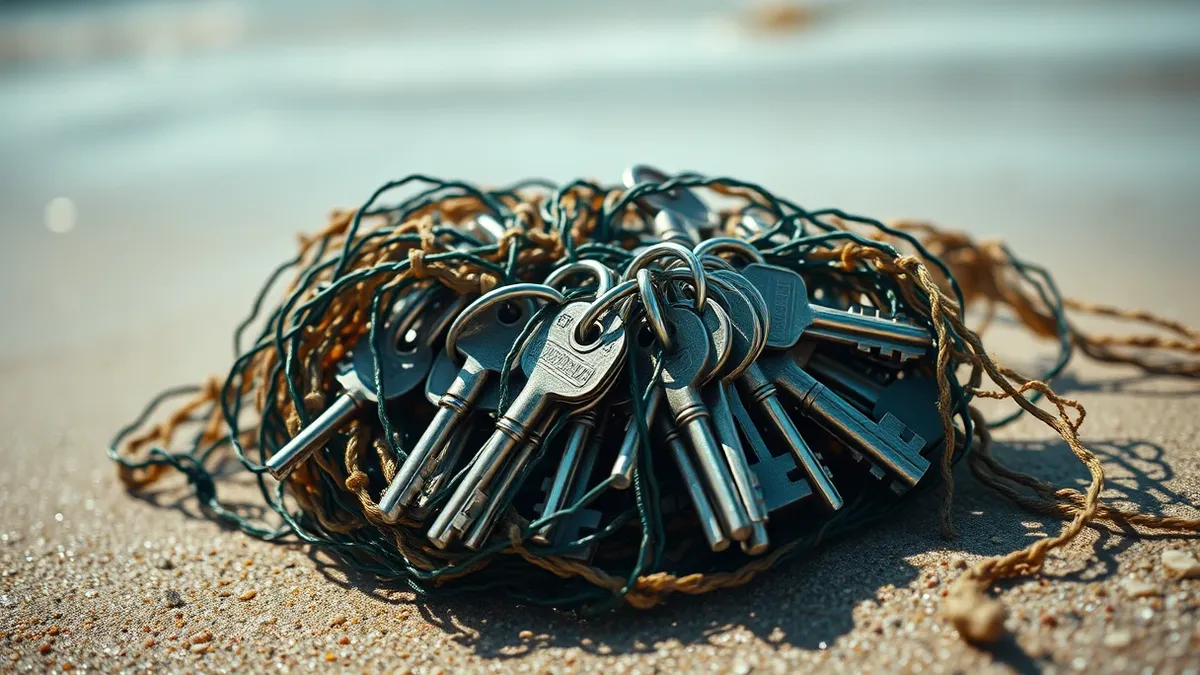 Illustration: A tangle of tangled fishing nets rests on a sandy shore, trapping multiple identical silver keys.