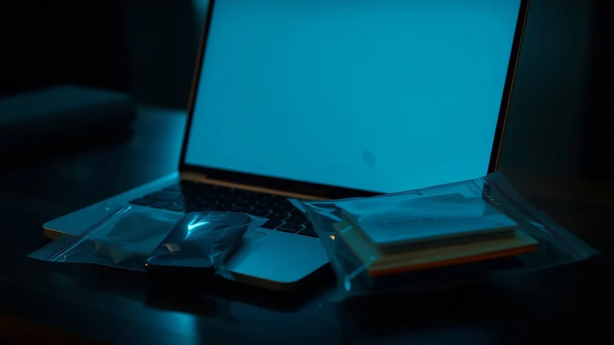Illustration: A closed metal laptop sits on a dark wooden desk beside a sealed evidence bag containing a smartphone.