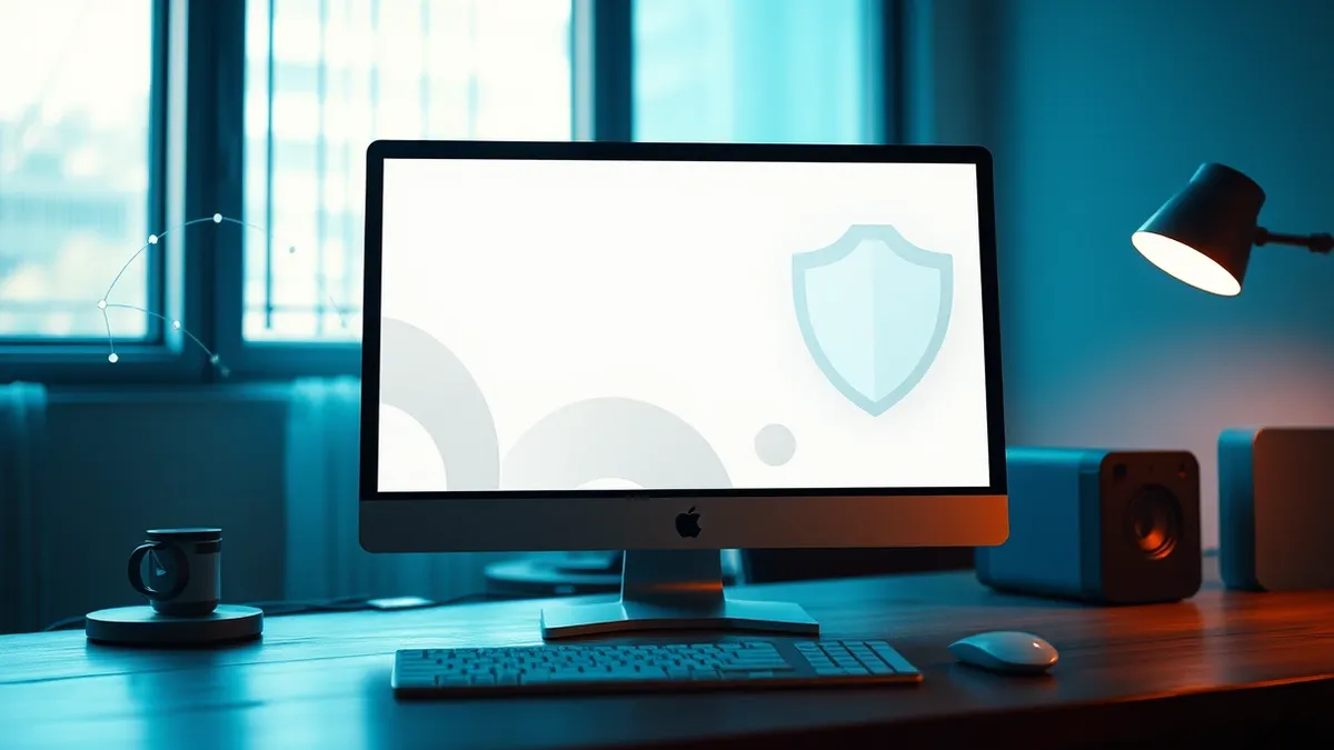Illustration: A web browser window displays a blank white page with abstract grey shapes, sitting on a wooden desk.