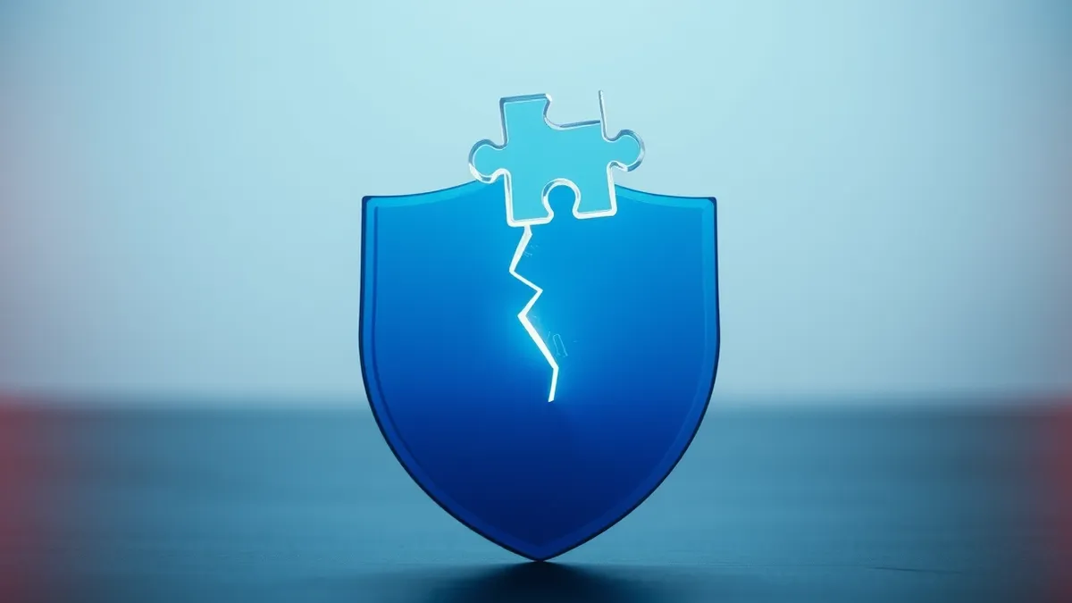Illustration: A translucent geometric puzzle piece floats above a cracked blue shield.