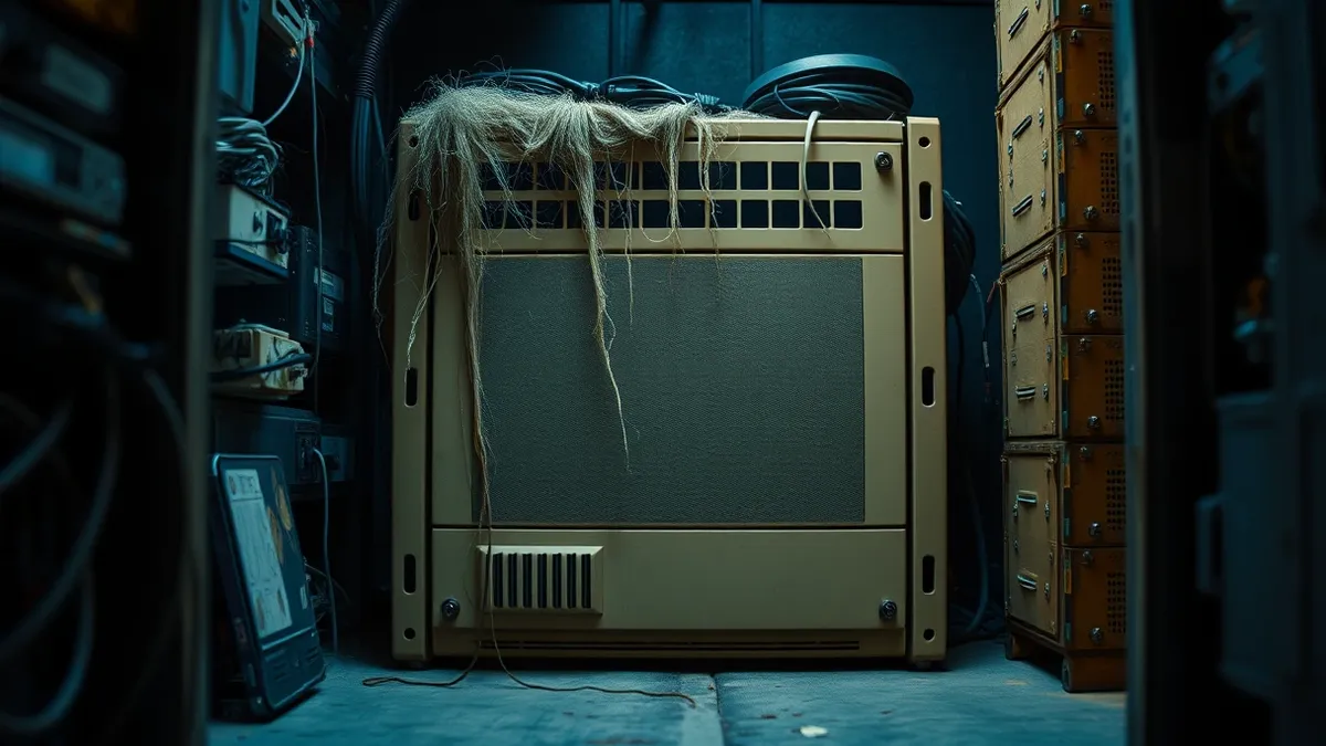 Illustration: A dusty, beige rack-mounted server unit sits in a dim corner of a cluttered storage closet.