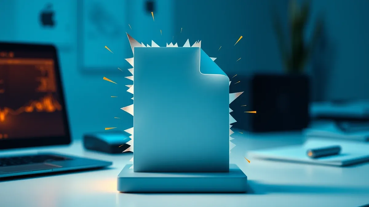 Illustration: A stylized document icon with jagged, sharp edges sprouting from its corners sits on a clean white desk surface.