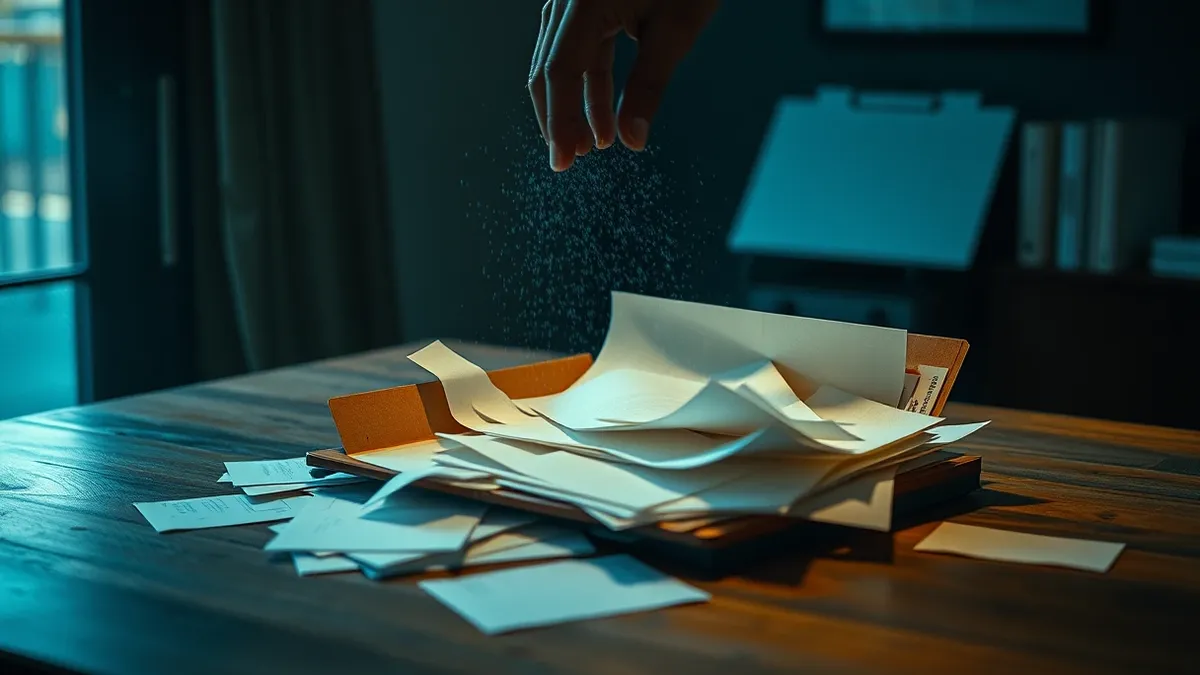 Illustration: A vintage paper file folder lies open on a wooden desk, its contents scattered across the surface.