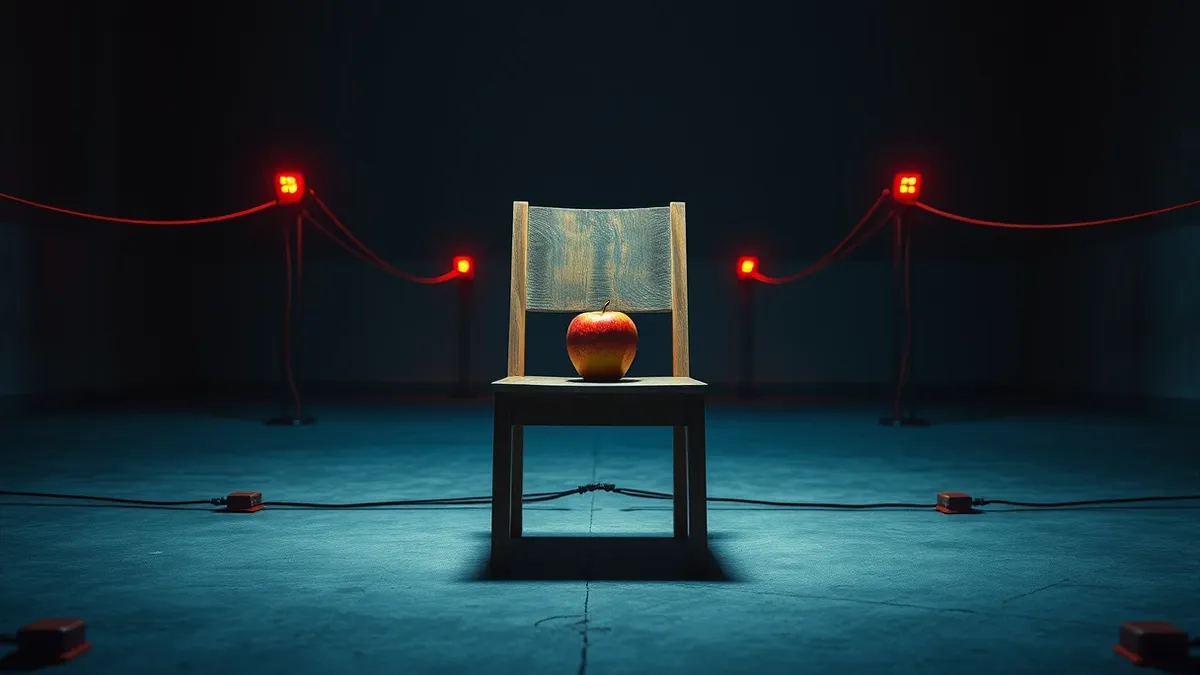 Illustration: A solitary, weathered wooden chair sits on an empty concrete floor, surrounded by tripwires connected to blinking red sensors.