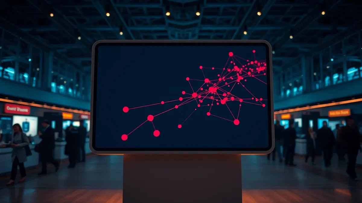 Illustration: A sleek kiosk stands in a bright convention hall, displaying a large blank screen with abstract red nodes connecting across a dark background.