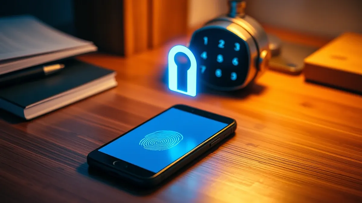 Illustration: A smartphone rests on a wooden desk beside a smart lock.