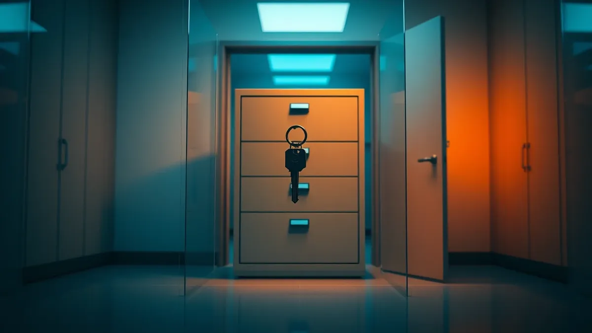 Illustration: A transparent glass wall stands between a locked filing cabinet and an open doorway.