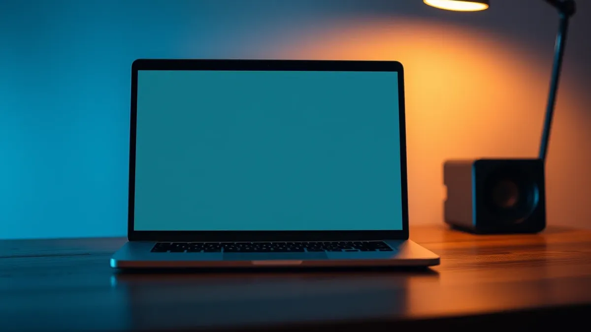 Illustration: A sleek laptop sits on a wooden desk, its screen displaying a flat, featureless grey interface.