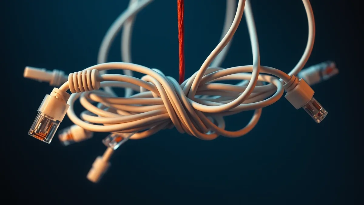 Illustration: A tangled knot of white ethernet cables floats in midair.