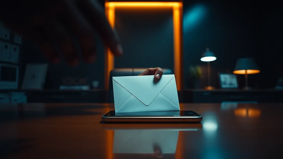 Illustration: A sleek executive office features a polished desk with a smartphone and a single envelope resting on it.