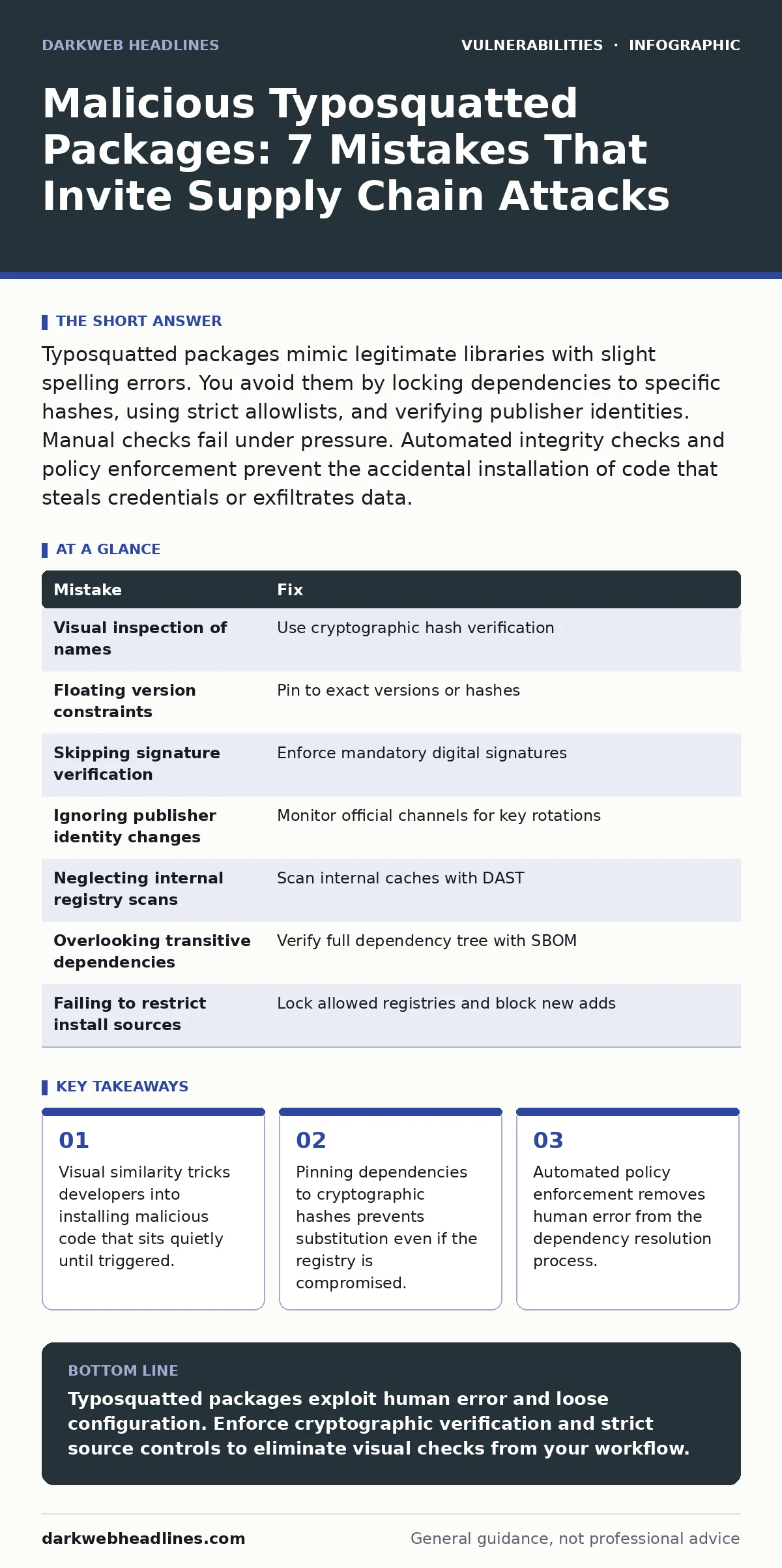 Infographic: Malicious Typosquatted Packages: 7 Mistakes That Invite Supply Chain Attacks. Visual similarity tricks developers into installing malicious code that sits quietly until triggered. Pinning dependencies to cryptographic hashes prevents substitution even if the registry is compromised. Aut