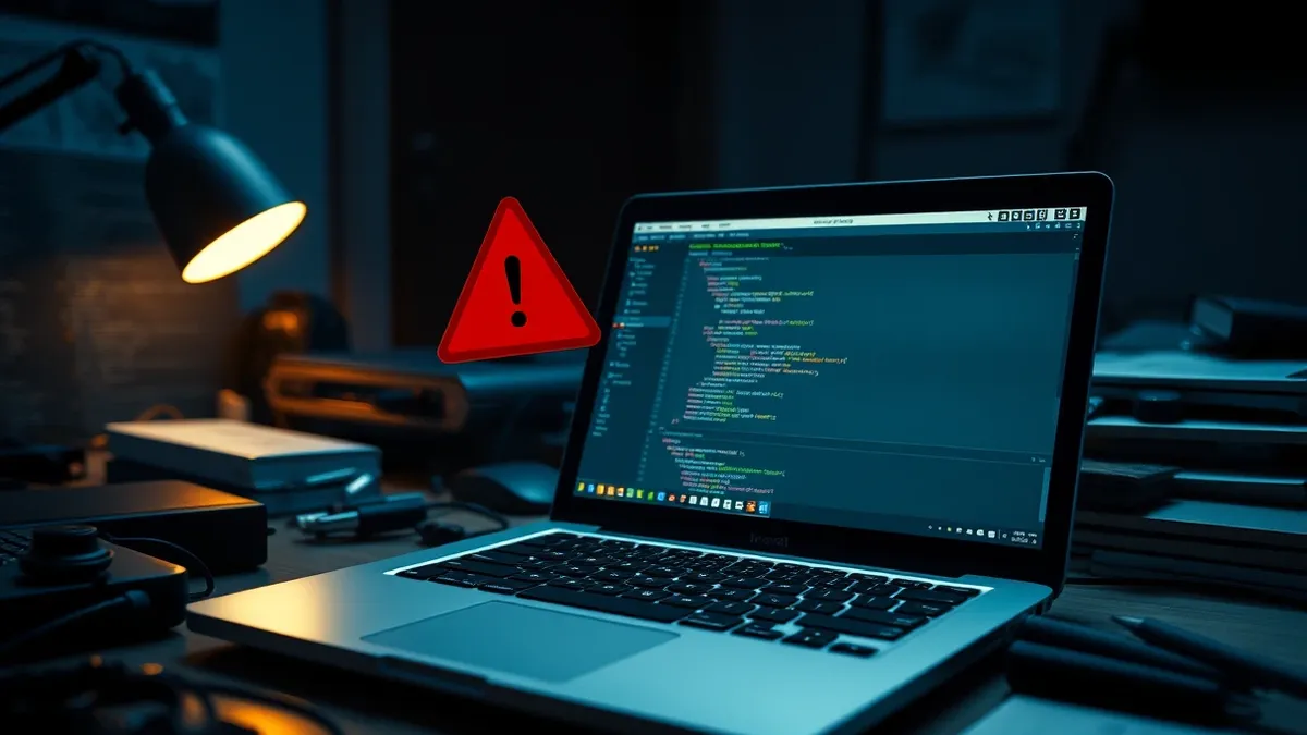 Illustration: A sleek laptop sits on a cluttered desk, its screen displaying a blank code editor interface.