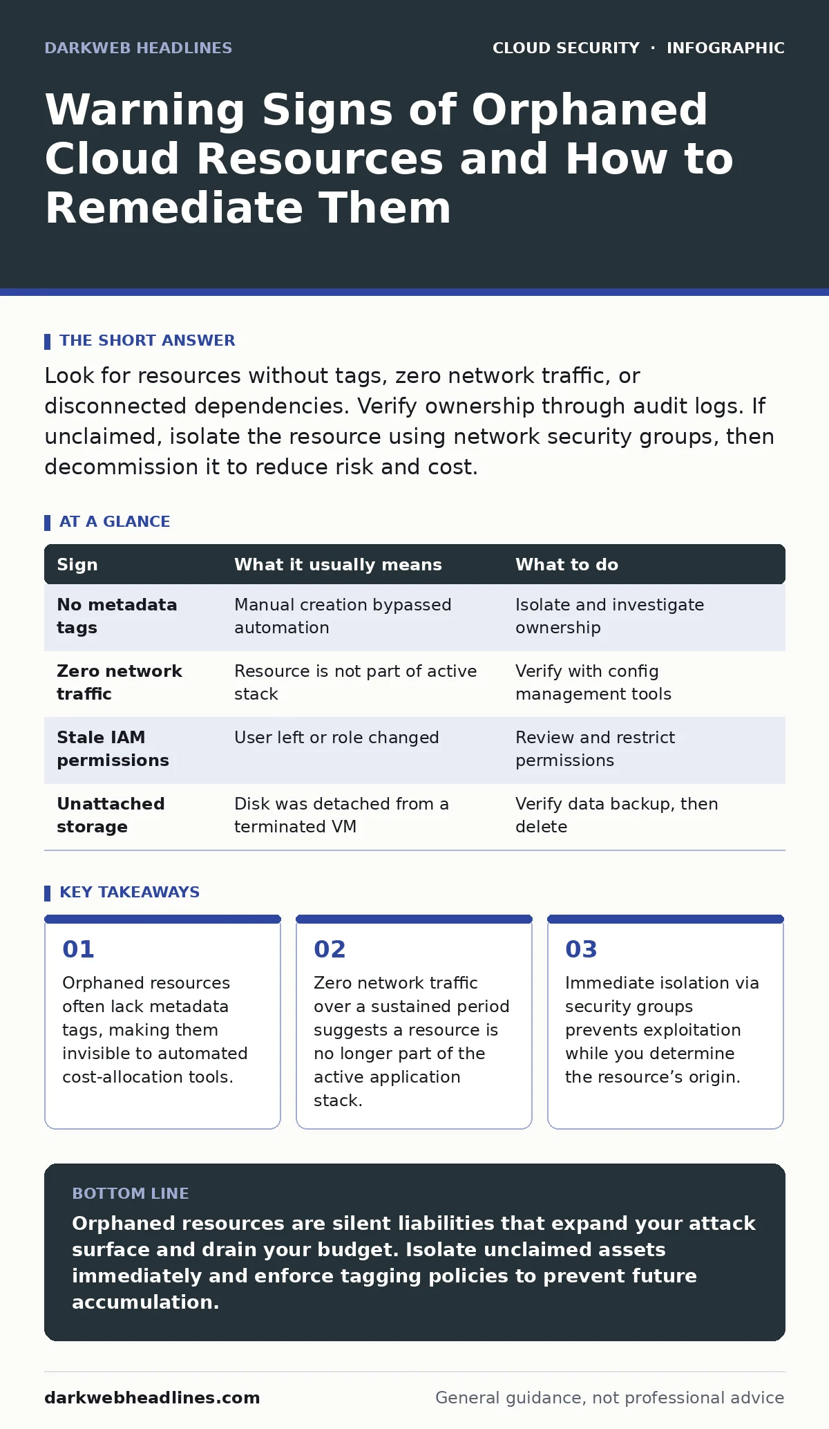 Infographic: Warning Signs of Orphaned Cloud Resources and How to Remediate Them. Orphaned resources often lack metadata tags, making them invisible to automated cost-allocation tools. Zero network traffic over a sustained period suggests a resource is no longer part of the active application stack.
