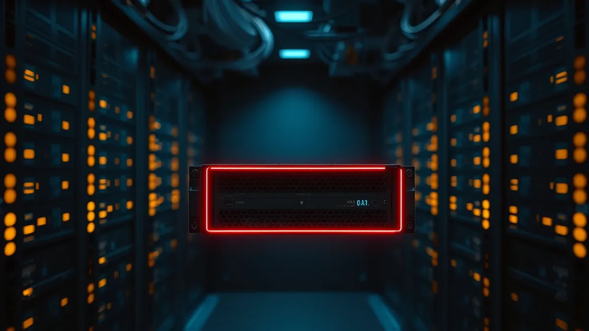 Illustration: A single, dusty server blade sits isolated in a dark, empty cloud rack, completely disconnected from all surrounding network cables and glowing nodes.