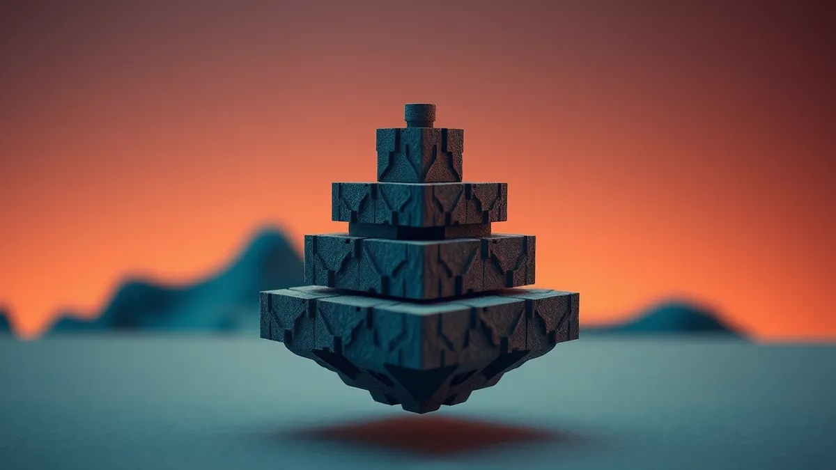 Illustration: A three-tiered pyramid structure floats in mid-air, composed of interlocking geometric blocks.
