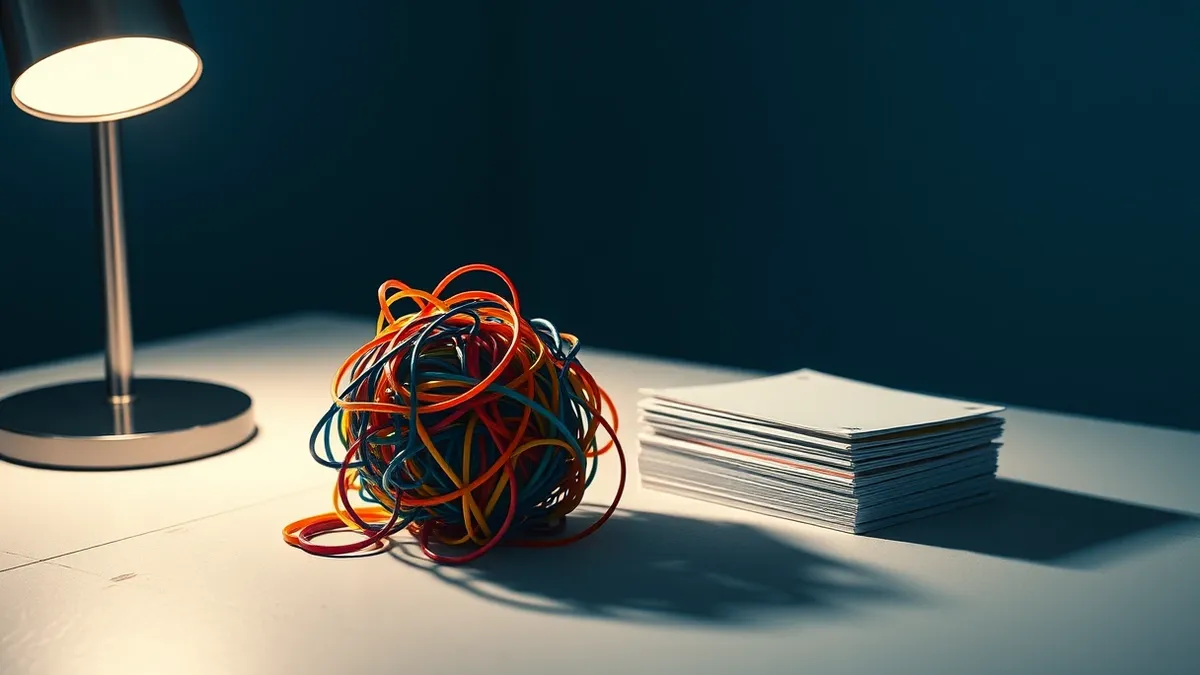 Illustration: A sleek, modern desk lamp illuminates a tangled ball of colorful rubber bands resting on a clean, white wooden tabletop.