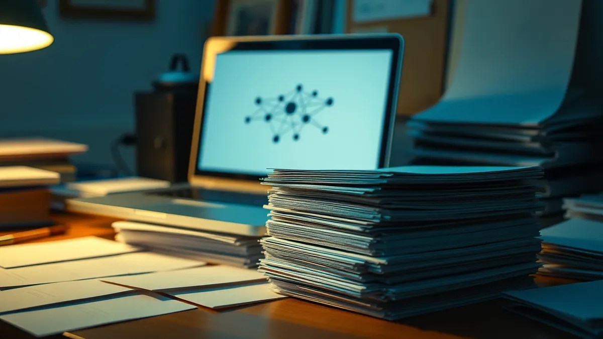 Illustration: A cluttered desk holds a single laptop displaying a clean, abstract network map with clear nodes and connecting lines.