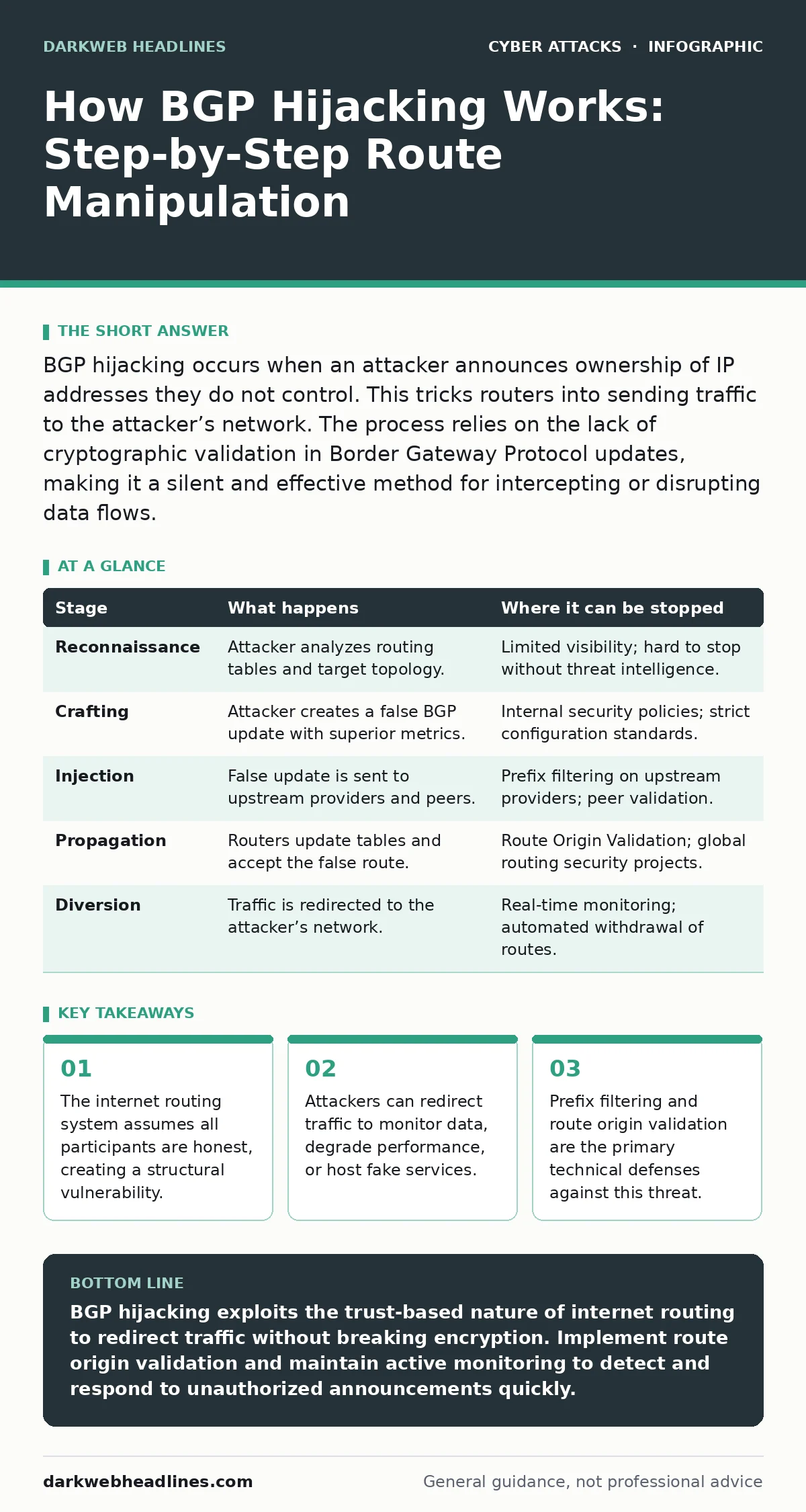 Infographic: How BGP Hijacking Works: Step-by-Step Route Manipulation. The internet routing system assumes all participants are honest, creating a structural vulnerability. Attackers can redirect traffic to monitor data, degrade performance, or host fake services. Prefix filtering and route origin v