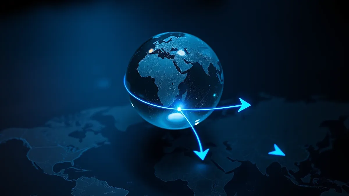 Illustration: A transparent globe floats above a dark map, with glowing blue arrows tracing paths between landmasses.