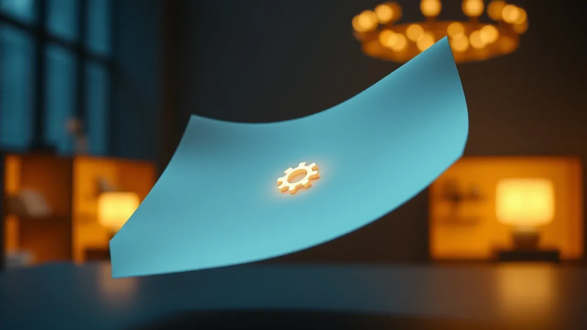 Illustration: A stark white digital document floats in mid-air, its surface completely blank save for a single, tiny, glowing gear icon embedded deep within the paper fibers.