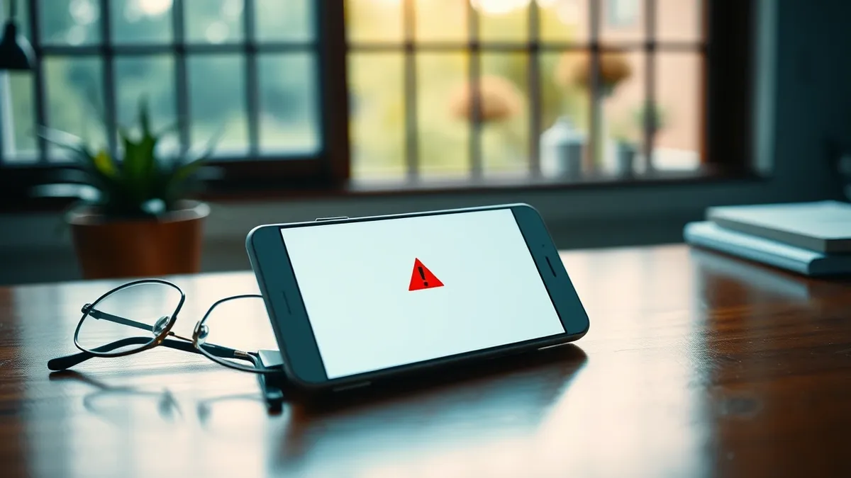 Illustration: A sleek white smartphone rests on a polished wooden desk next to a pair of wire-framed glasses.