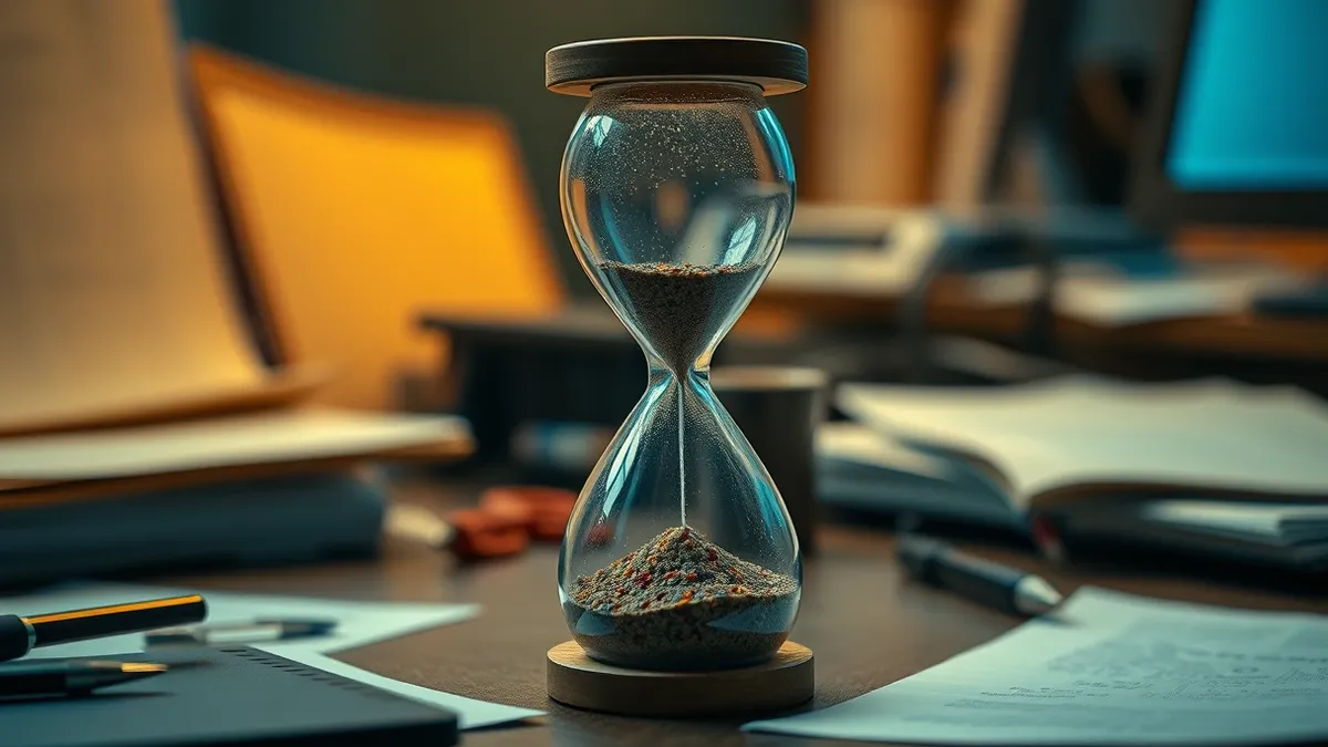 Illustration: A fragile glass hourglass sits on a cluttered desk, its sand mixing into a muddy, indistinguishable sludge inside the bulb.
