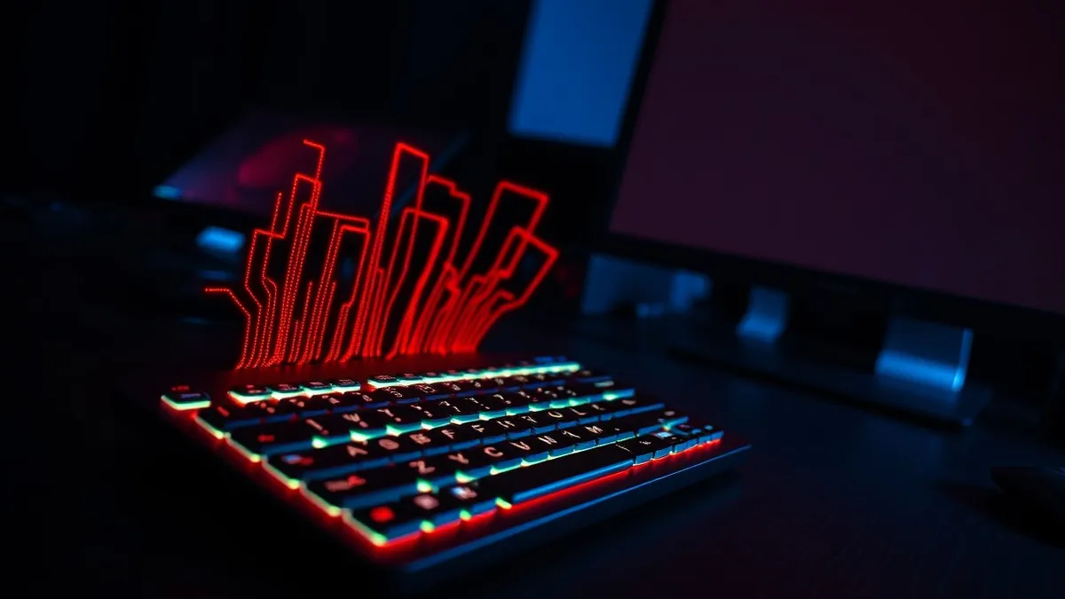 Illustration: A glowing keyboard rests on a dark desk, with faint red digital waves pulsing from its keys into the air above.