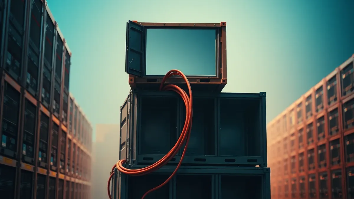 Illustration: An open terminal window floats above a row of empty shipping containers on a rugged server rack.